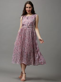 SHOWOFF - Women's Round Neck Embellished Mauve Midi Dress (Set of 2)