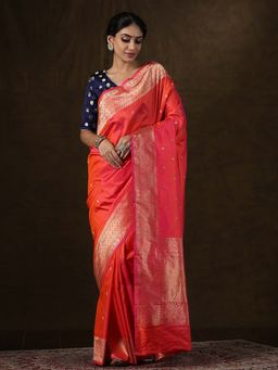 WeaverStory - Pink Handloom Dual Tone Antique Zari Booti Banarasi Saree With Unstitched Blouse
