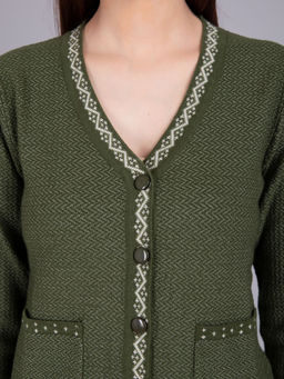 Madame - Self Design V Neck Casual Women Green Sweater