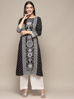 Biba - Black Rayon Straight Printed Kurta