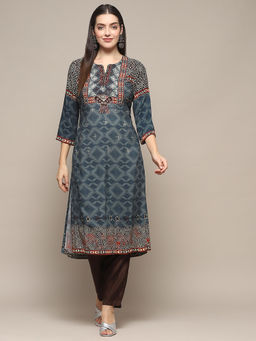 Biba - Blue Rayon Straight Printed Kurta