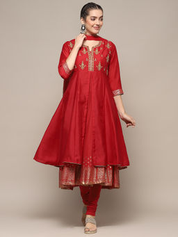 Biba - Red Cotton Anarkali Embroidered Kurta With Churidar & Dupatta (Set of 3)