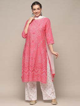Biba - Pink Cotton Straight Printed Kurta With Palazzo & Dupatta (Set of 3)