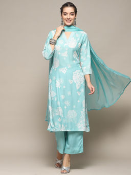 Biba - Aqua Polyester Straight Printed Kurta With Pant & Dupatta (Set of 3)
