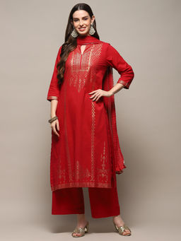 Biba - Red Zari Cotton Straight Printed Kurta With Palazzo & Dupatta (Set of 3)