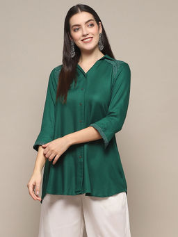 Biba - Green Viscose Straight Solid/Plain Tunics