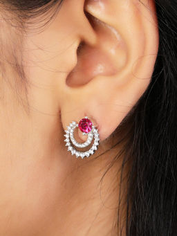 Ornate Jewels - 925 Sterling Silver Round Red Ruby and American Diamond Half Moon Stud Earrings for Women Girls One Size