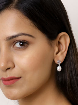 Ornate Jewels - 925 Sterling Silver Drop Natural Pearl and American Diamond Dangler Earrings for Women Girls One Size
