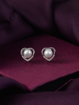 Ornate Jewels - 925 Sterling Silver Round Pearl and American Diamond Heart Stud Earrings for Women Girls One Size