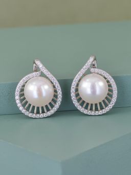 Ornate Jewels - 925 Sterling Silver Round Pearl and American Diamond Basket Design Stud Earrings for Women Girls One Size