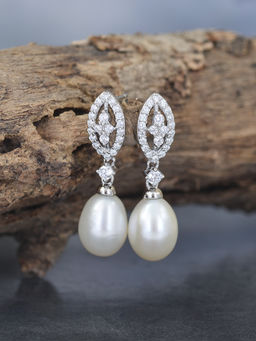 Ornate Jewels - 925 Sterling Silver Drop Natural Pearl and American Diamond Dangler Earrings for Women Girls One Size