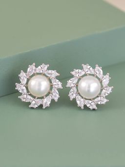Ornate Jewels - 925 Silver Natural Pearl Halo Stud Earrings For Women & Girls