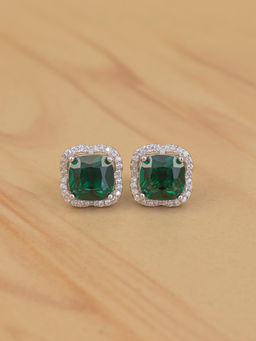 Ornate Jewels - 925 Sterling Silver Cushion Green Emerald and American Diamond Halo Stud Earrings for Women Girls Free Size
