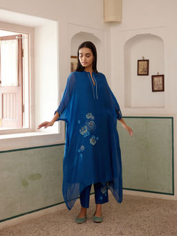 Vaayu - Blue Sapphire Applique Kaftan with Pant (Set of 2)