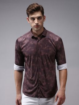 SHOWOFFFF - Men Mauve Collar Neck Abstract Print Classic Fit Shirt