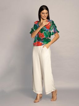 Zink London - Womens Multi-Color Tropical Print Ruffled Sleeves Top