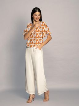 Zink London - Womens Peach Floral Print Ruffled Sleeves Top