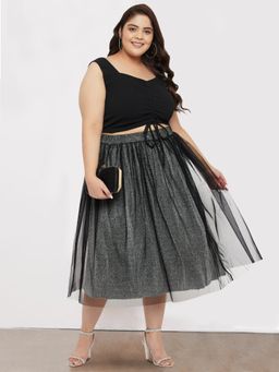 Martini - Silver Black Plus Size Curve Net Long Skirt