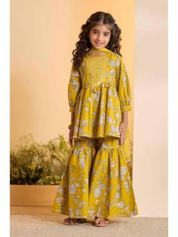 Biba - Girls Floral Printed Peplum Festive Kurta Sharara With Dupatta