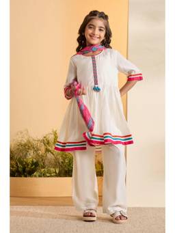 Biba - Girls Viscose Blend Solid Peplum Kurta Pant With Dupatta