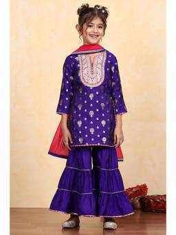 Biba - Girls Purple Brocade Straight Kurta Sharara With Dupatta