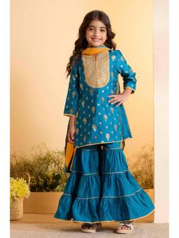 Biba - Girls Teal Brocade Straight Kurta Sharara With Dupatta