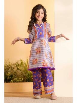 Biba - Girls Cotton Printed A-Line Festive Kurta With Pant