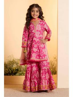 Biba - Girls Cotton Printed Peplum Kurta Sharara With Dupatta