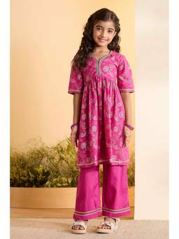 Biba - Girls Cotton Printed Flared Festive Kurta With Pant
