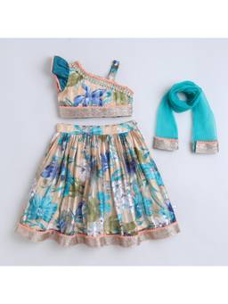 Many Frocks - Printed Lace Embellished Lehenga Choli And Dupatta