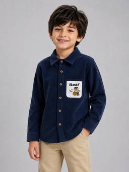 AWW HUNNIE - Corduroy Full Sleeves Pocket Shirt - Navy Blue