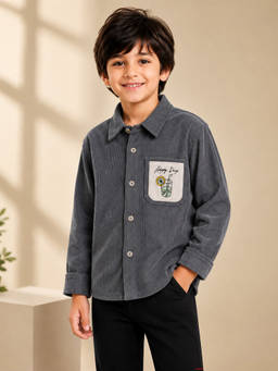 AWW HUNNIE - Corduroy Full Sleeves Pocket Shirt - Grey