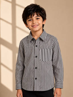 AWW HUNNIE - Cotton Full Sleeves Stripes Shirt - Black