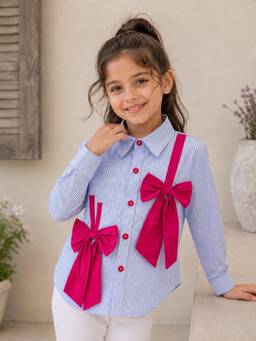 AWW HUNNIE - Cotton Full Sleeves Bow Charm Shirt - Blue