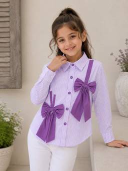 AWW HUNNIE - Cotton Full Sleeves Bow Charm Shirt - Lavender