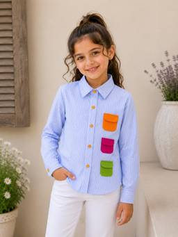 AWW HUNNIE - Cotton Full Sleeves Play Patch Pocket Shirt - Blue