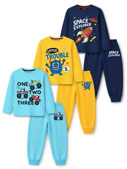 Trampoline - Boys Cotton Blend Knit Printed T-Shirt And Joggers (Pack Of 3)