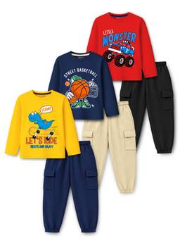 Trampoline - Boys Cotton Blend Knit Printed T-Shirt And Joggers (Pack Of 3)