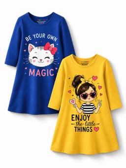 Trampoline - Girls Multi-Color Printed A-Line Dress (Pack Of 2)