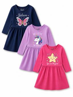 Trampoline - Girls Multi-Color Printed A-Line Dress (Pack Of 3)