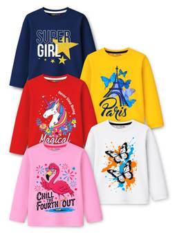 Trampoline - Girls Multi-Color Butterfly And Unicorn Printed T-Shirt (Pack Of 5)