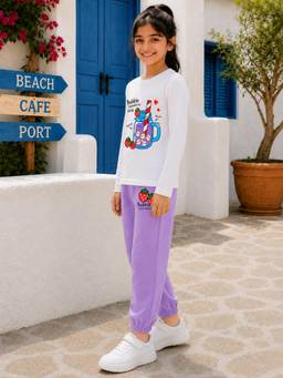 Trampoline - Girls White Printed Cotton Blend T-Shirt And Joggers