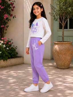 Trampoline - Girls White Printed Cotton Blend T-Shirt And Joggers