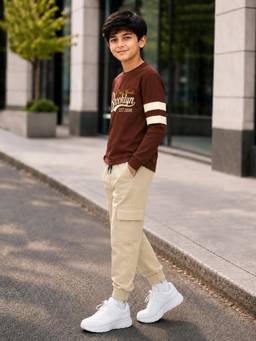 Trampoline - Boys Brown Printed Cotton Blend T-Shirt And Joggers