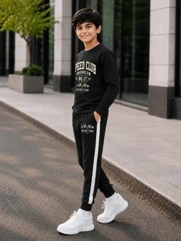 Trampoline - Boys Black Printed Cotton Blend T-Shirt And Joggers