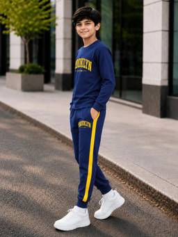 Trampoline - Boys Navy Blue Printed Cotton Blend T-Shirt And Joggers