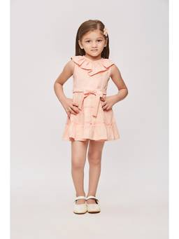 TINY GIRL - Tressel Peach Cotton Floral Embroidered Dress With Belt