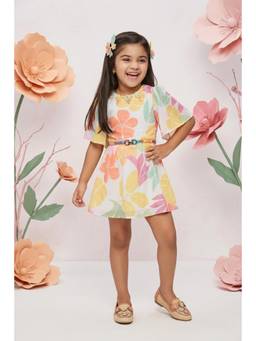 TINY GIRL - Tressel Flared Sleeves Floral Printed Dress With Belt