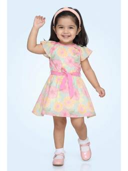 TINY GIRL - Tressel Flared Sleeves Floral Printed Dress With Belt