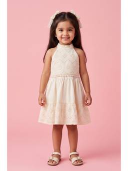 TINY GIRL - Tressel Sleeveless Self Design Dress- Cream
